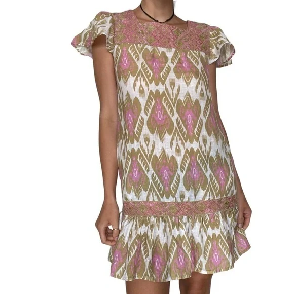 🥒 Nimo With Love Anthropologie Bouganvilla Linen Natural Print Mini Dress XS - Picture 2 of 10